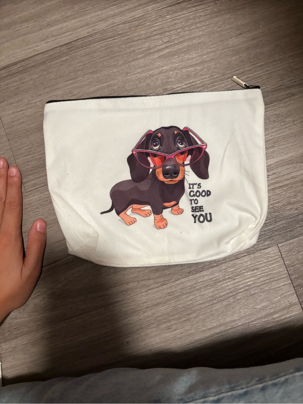 Cute Dachshund Dog Zip Pouch - White with Pink Sunglasses Design